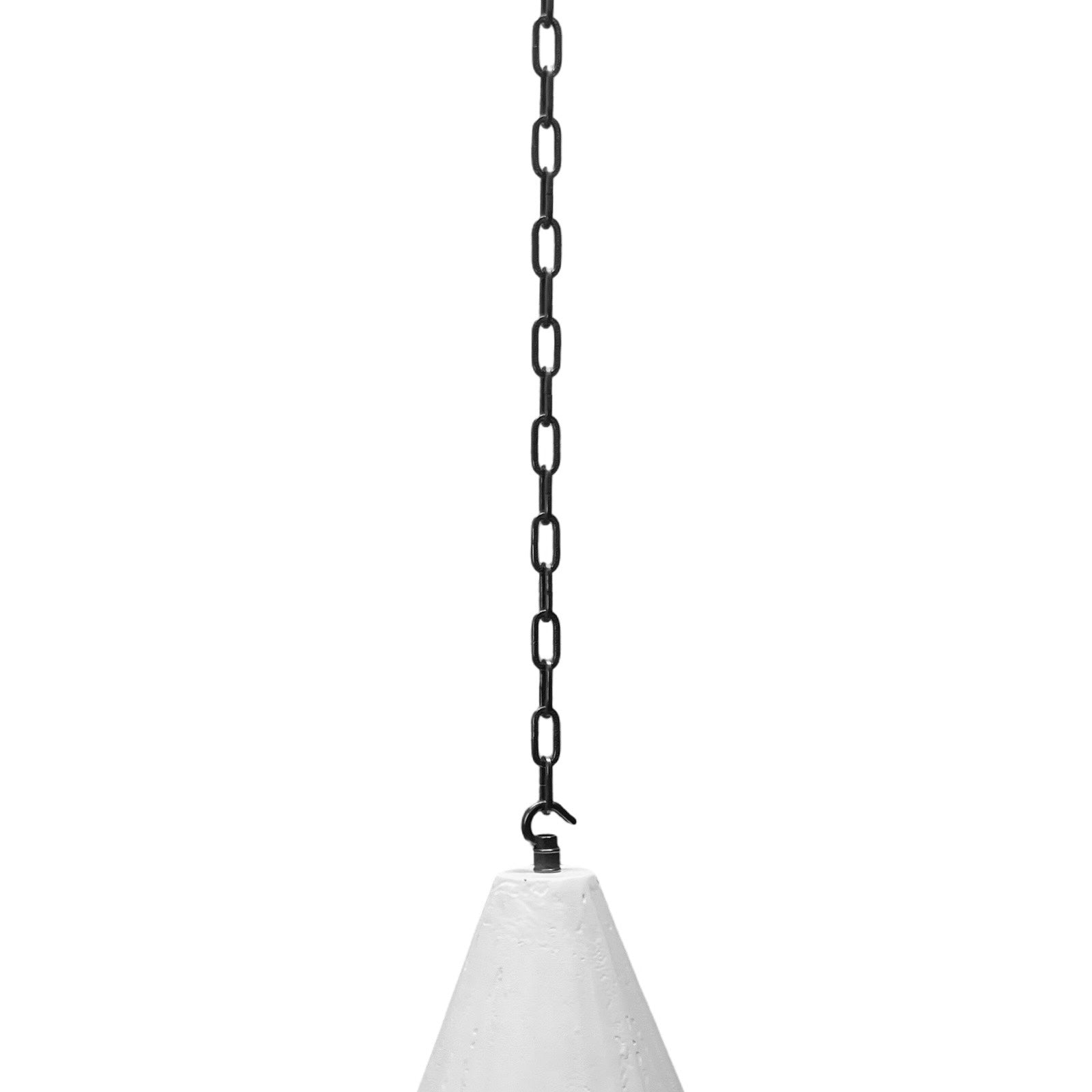 A white conical light hanging by a dark bronze chandelier lighting chain 