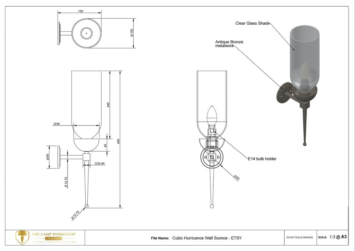 Dimensions of a white wall sconce with clear glass and a flickering candle-style bulb.