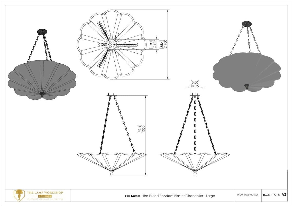 Technical diagram of a fluted pendant plaster chandelier with dimensions.