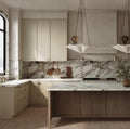 A luxurious kitchen with marble countertops and unique pendant lights.