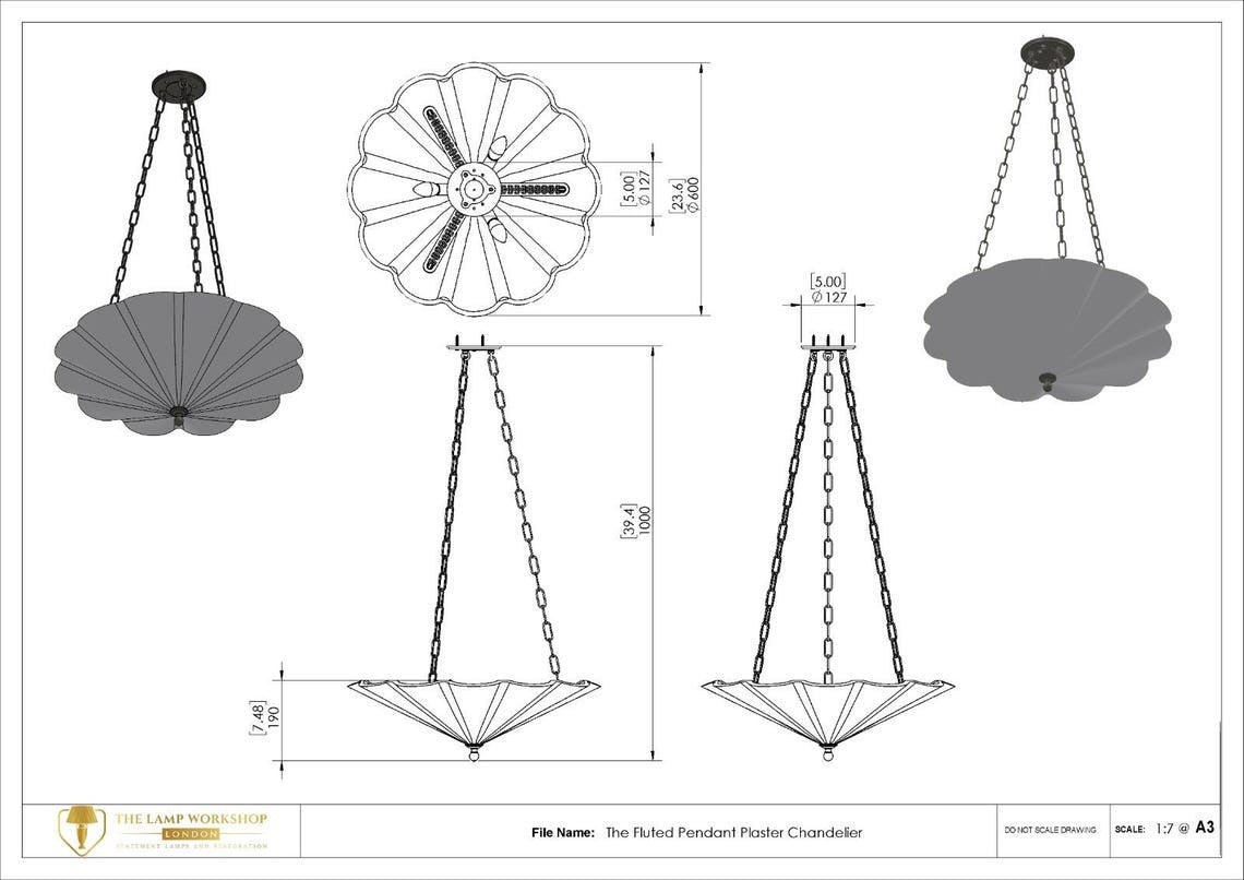 Technical diagram of a small Fluted Pendant Plaster Chandelier with dimensions.